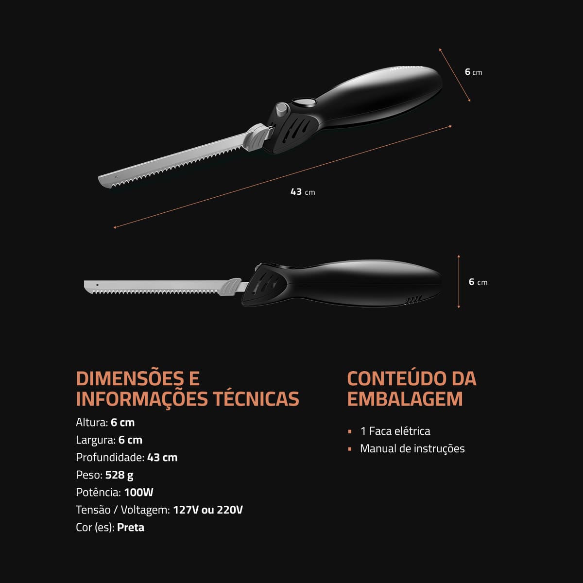 Faca Elétrica Mondial FA-01 100W Lâminas Duplas