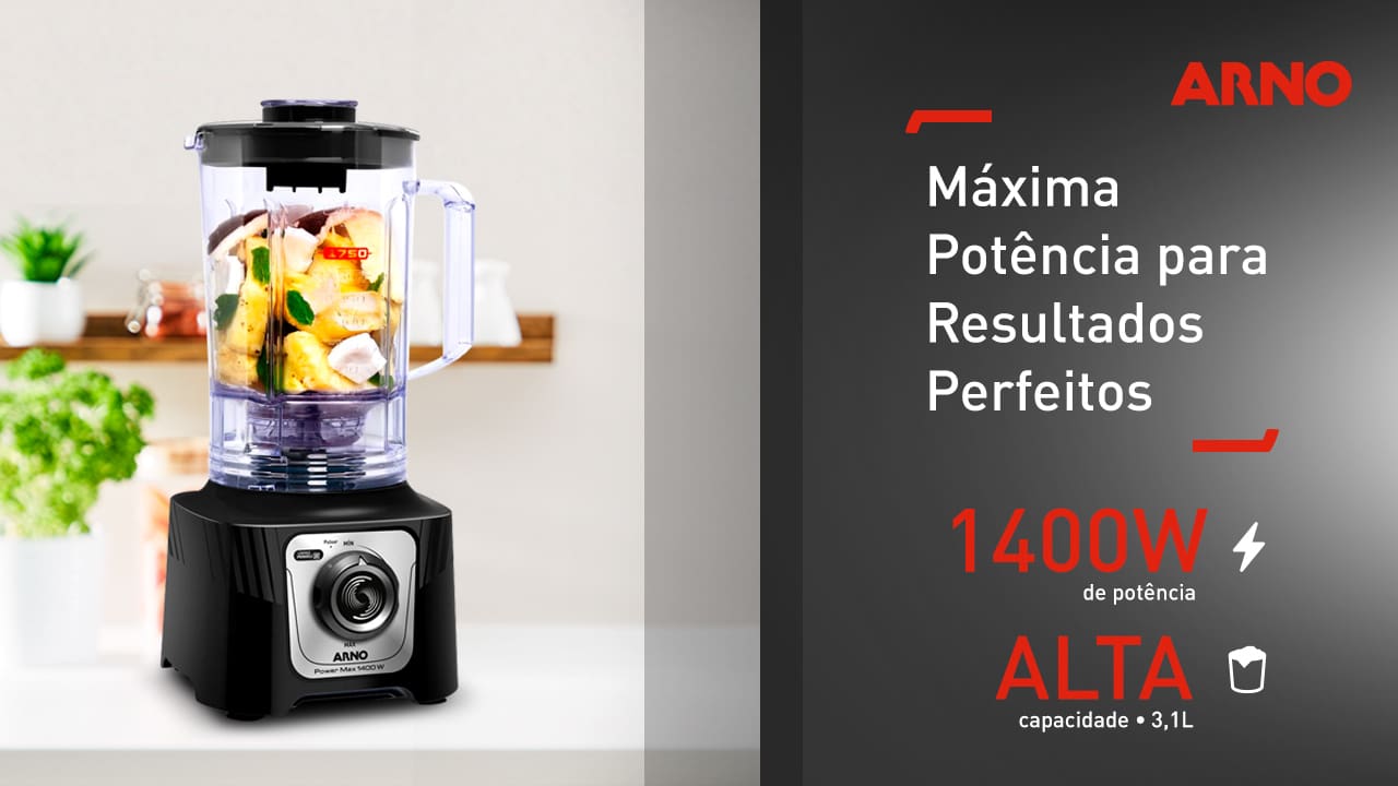 O Liquidificador Arno Power Max foi projetado para aqueles que gostam de praticidade no dia a dia! Ele é equipado com um motor de 1400W e uma jarra espaçosa de 3,1 litros, que permite preparar grandes quantidades de alimentos de forma rápida e eficaz, atendendo às necessidades de toda a família.
