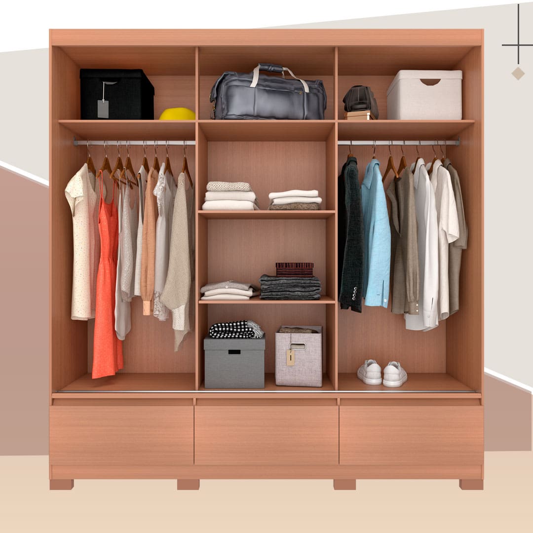 imagem interna de dentro espaço interno guarda roupa compartimentos espaços roupas camisas calças vestidos sapatos calçados cabides cabideiros caixas mala toalhas