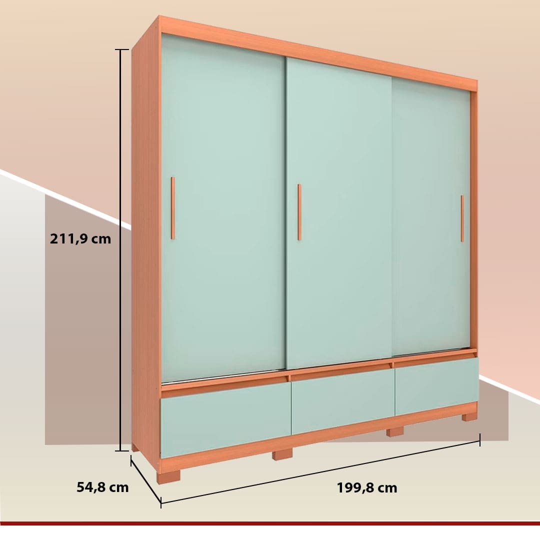 móvel guarda roupa bartira monza três portas fechadas fechado imagem frontal de frente avelã marrom menta azul verde claro medidas