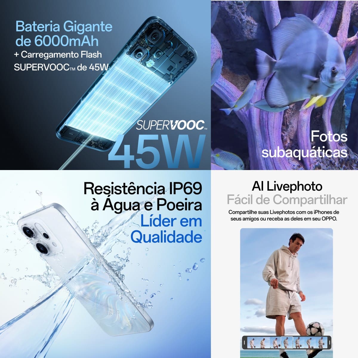 Smartphone OPPO Reno 14F 5G Tela 6,57" 256GB Câmera 50MP Azul Cintilante