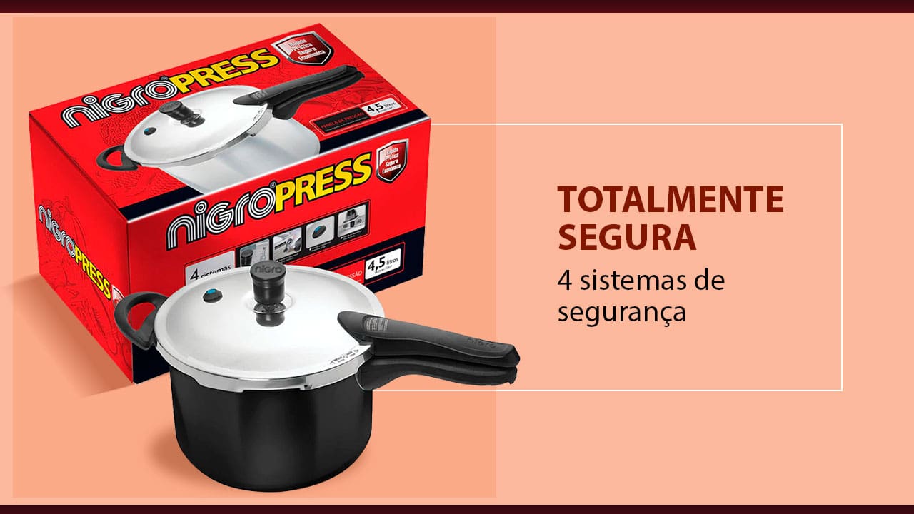 totalmente segura 4 sistemas de segurança imagem frontal panela pressão Nigro Press preta cinza prata embalagem caixa vermelha