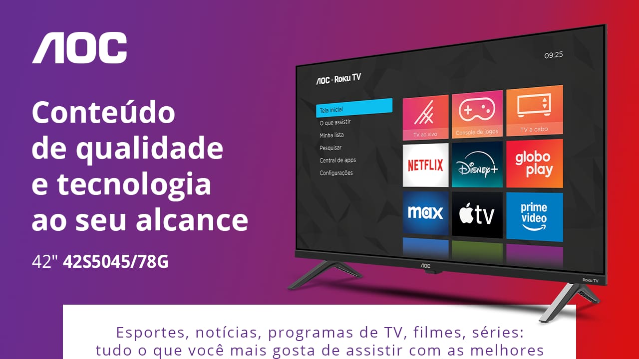 Experiência visual e sonora de alta qualidade A Smart TV 42" AOC 42S5045/78G de oferece uma excelente qualidade de imagem com sua tela LED Full HD (1920x1080). O display DLED garante cores vibrantes, maior contraste e ângulos de visão amplos para uma experiência imersiva. Além disso, com uma frequência de 60Hz, ela proporciona uma imagem suave e sem borrões em cenas rápidas, ideal para assistir a filmes, esportes ou jogar videogames. Seu som também proporciona uma experiência sonora rica e envolvente, complementando sua qualidade visual para transformar seu momento de entretenimento em algo ainda mais prazeroso.