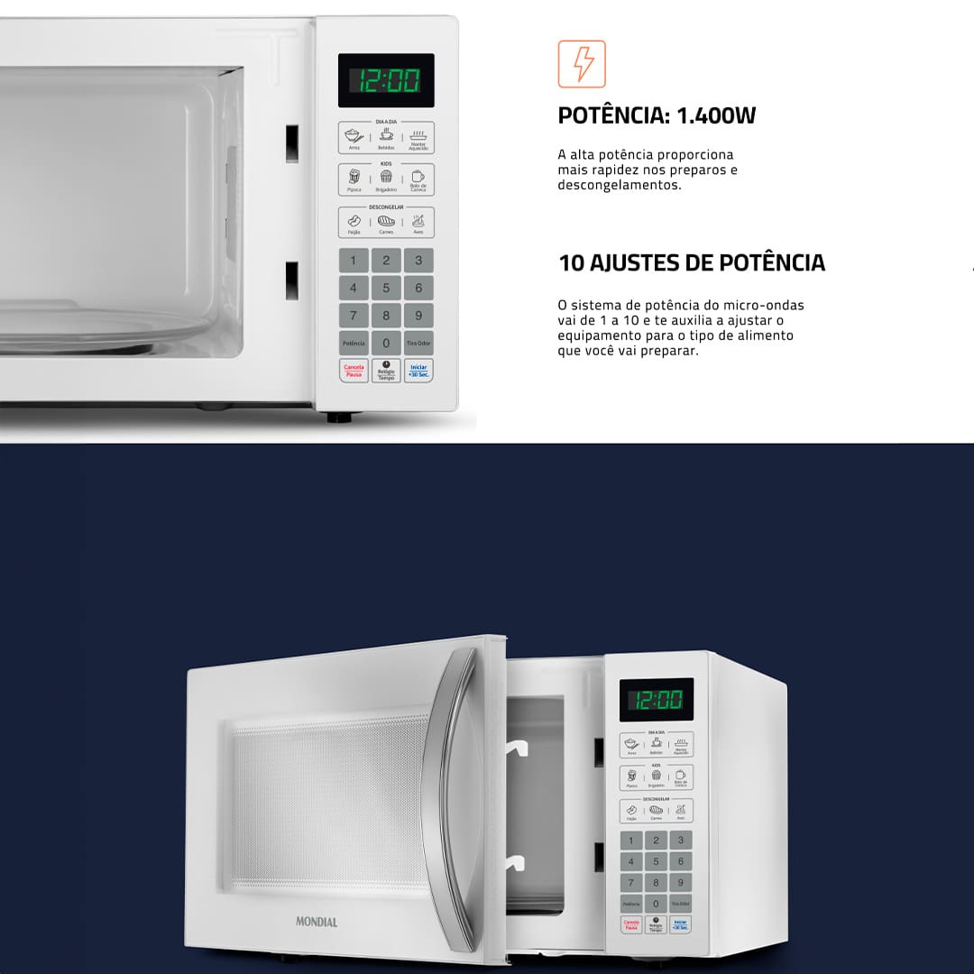Inovação e Amplo Espaço para Toda a Família O micro-ondas MO-02-34-W Mondial traz elegância e inovação para a sua cozinha. Com capacidade de 34 litros e amplo espaço interno, atende toda a família! E ainda possui funções práticas, como botão +30 segundos e tira odor. Alta Potência para Aquecer, Preparar e Descongelar O sistema de alta potência, variando de 1 a 10, assegura rapidez no preparo e descongelamento dos alimentos. Além disso, possui uma função que mantém as refeições aquecidas e possibilita o preparo de pratos, como carnes e bolos.