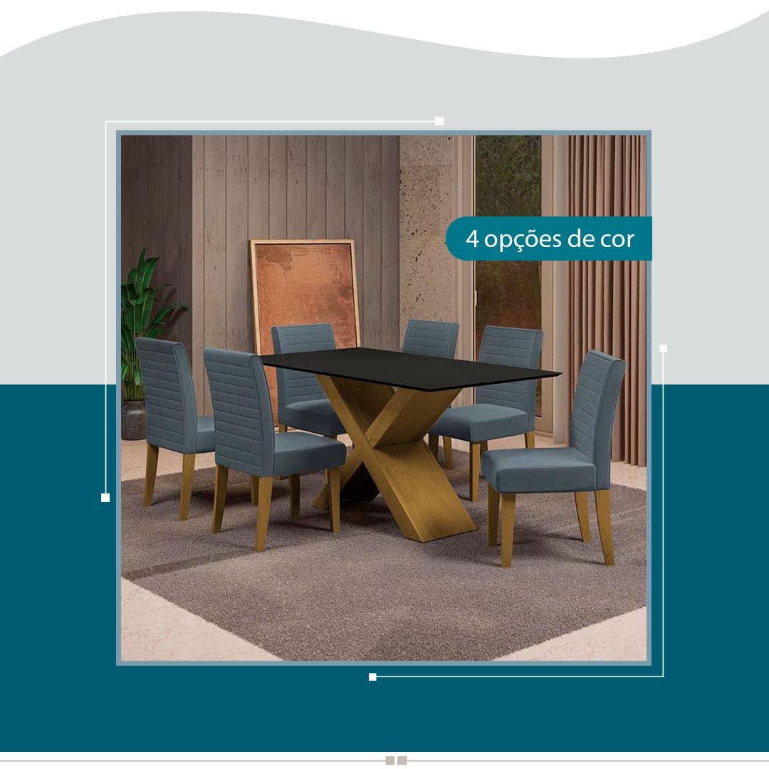 imagem mostra o conjunto indicando que há 4 opções de cor conjunto sala de jantar tampo formato retangular