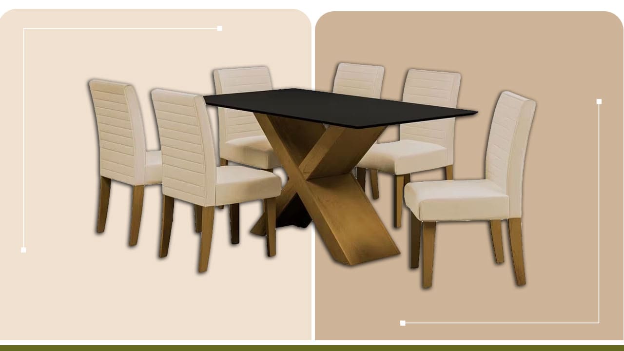 Mesa Jantar Dobuê Creta Light com 6 cadeiras conjunto sala de jantar tampo formato retangular