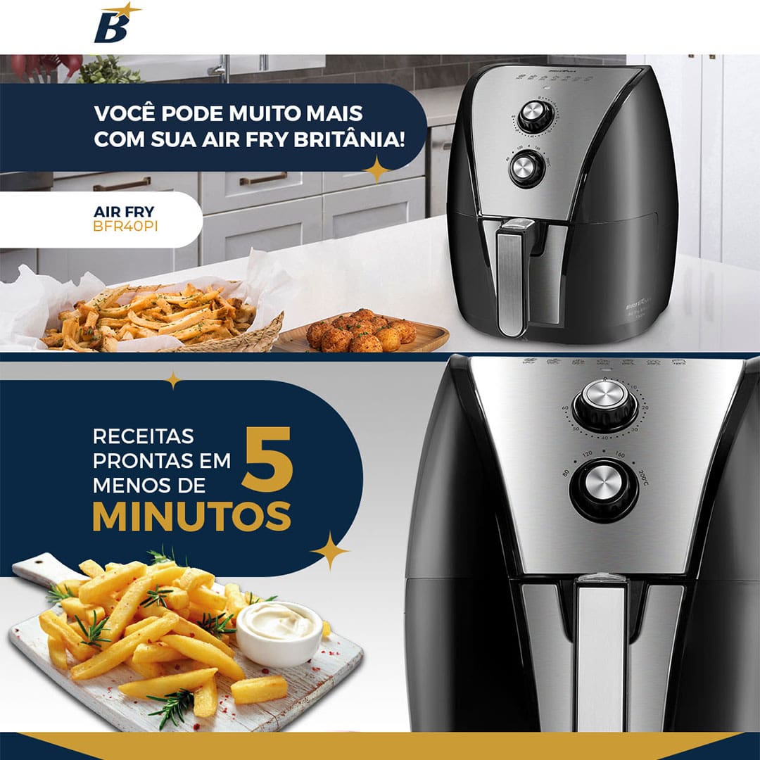 Se você não quer perder muito tempo preparando as refeições do dia a dia e deseja obter alimentos mais saudáveis e deliciosos para toda a família conte com a Fritadeira Elétrica Sem Óleo Air Fryer Britânia BFR40PI.