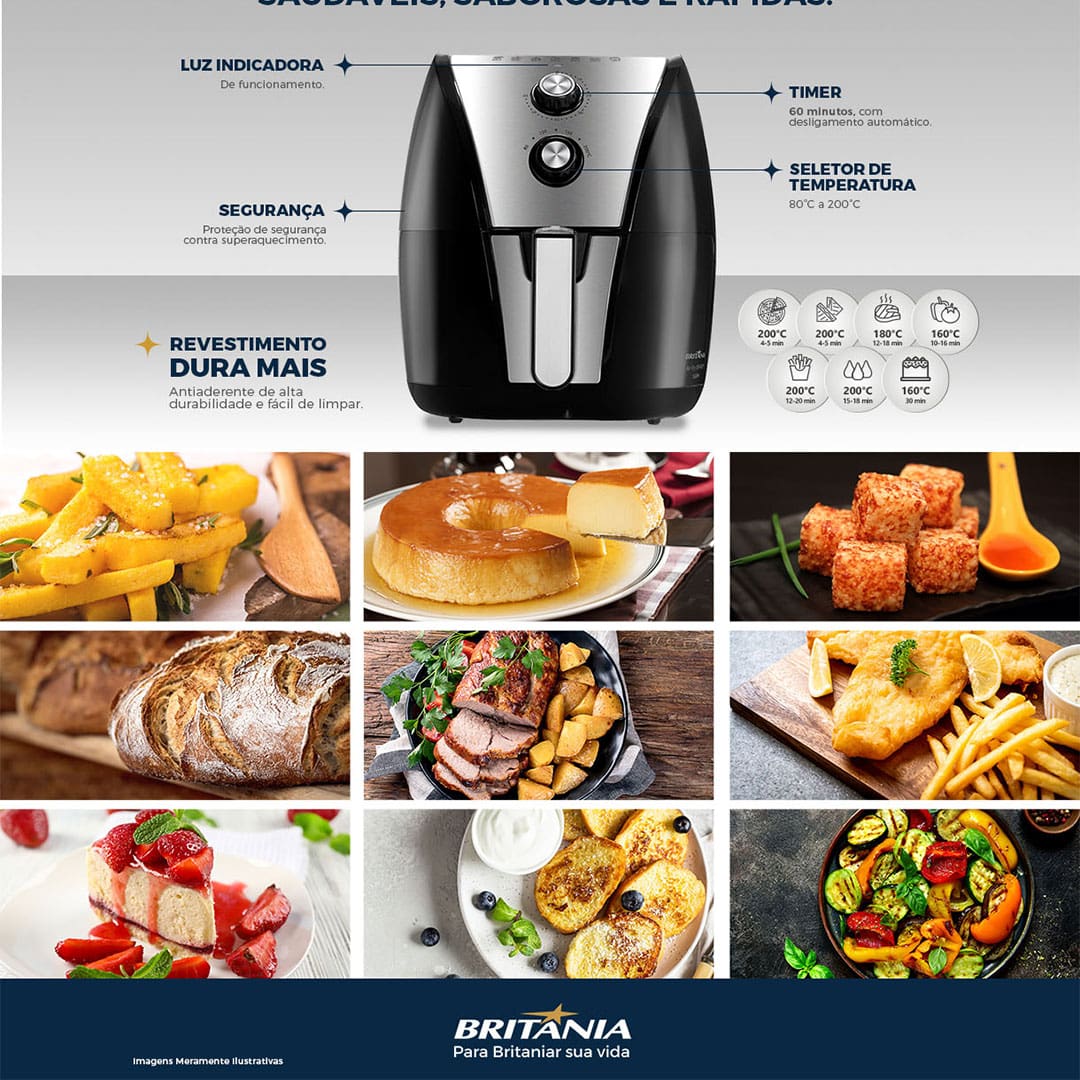 Se você não quer perder muito tempo preparando as refeições do dia a dia e deseja obter alimentos mais saudáveis e deliciosos para toda a família conte com a Fritadeira Elétrica Sem Óleo Air Fryer Britânia BFR40PI.