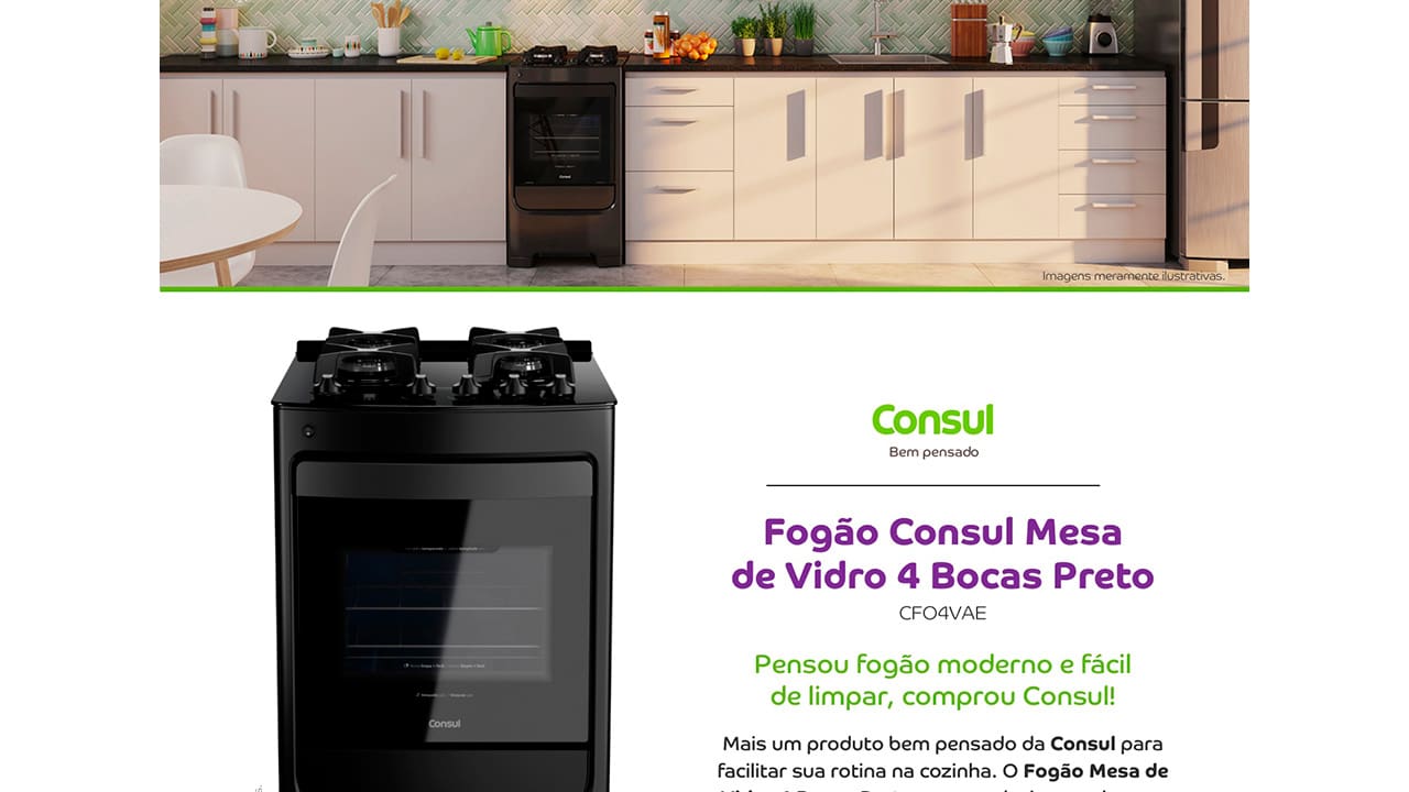 Fogão Consul 4 Bocas CFO4VAE Preto com Mesa de Vidro 