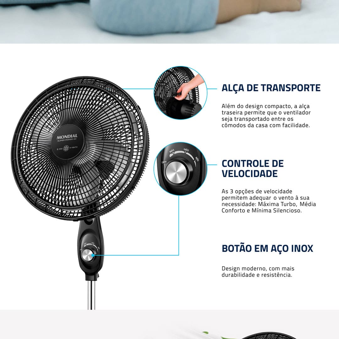 Para manter o ambiente numa temperatura mais agradável em dias de calor, conte com o Ventilador de Coluna Super Power da Mondial. Ele possui hélice de 40cm de diâmetro com 6 pás, proporcionando maior vazão de ar e permitindo uma excelente ventilação por todo o local. 