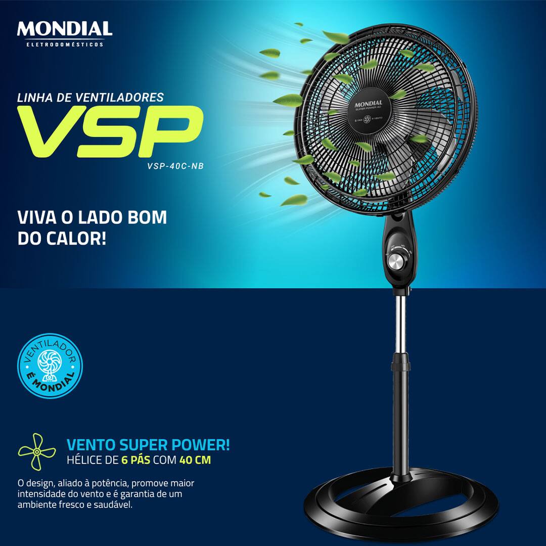 Para manter o ambiente numa temperatura mais agradável em dias de calor, conte com o Ventilador de Coluna Super Power da Mondial. Ele possui hélice de 40cm de diâmetro com 6 pás, proporcionando maior vazão de ar e permitindo uma excelente ventilação por todo o local. 