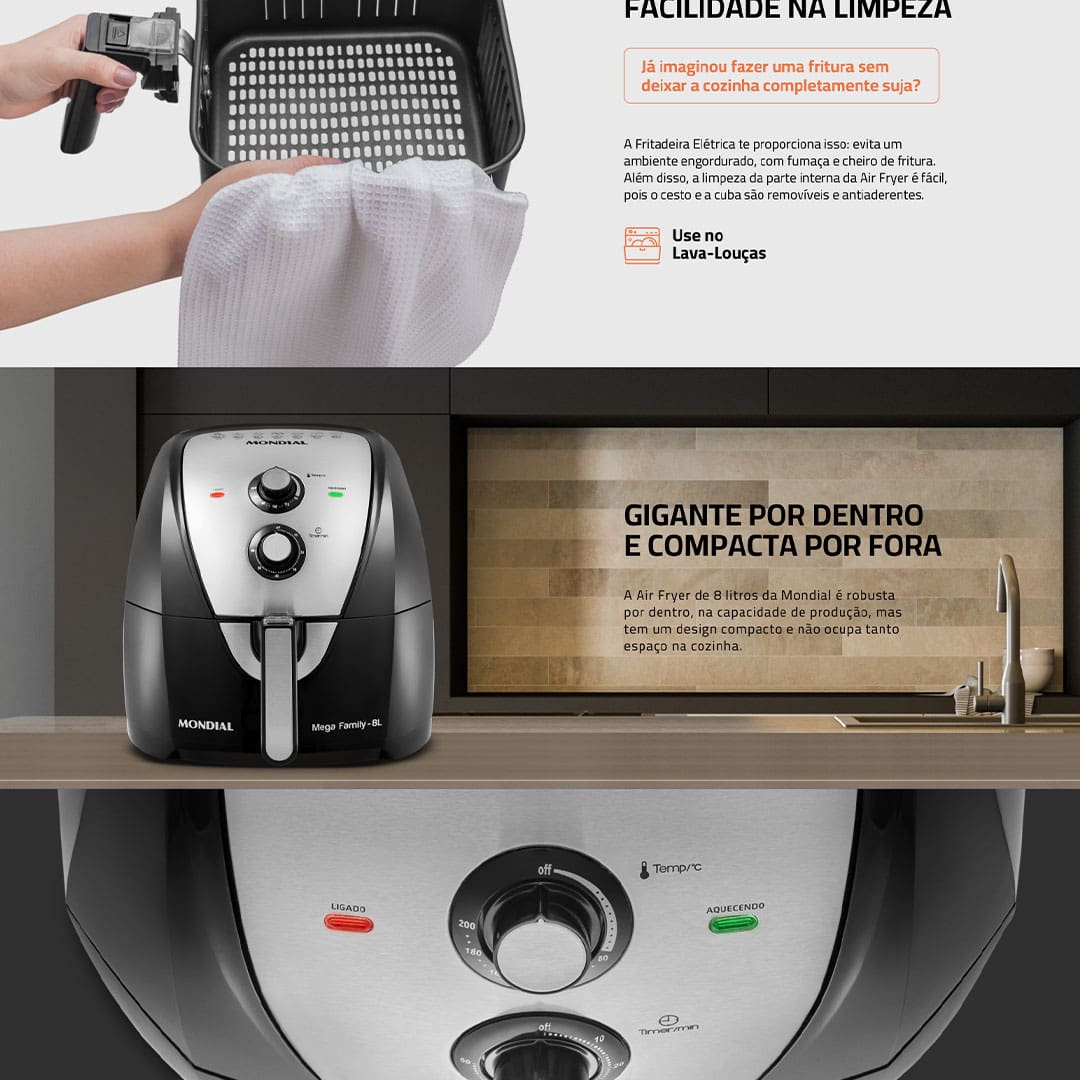 Fritadeira Elétrica Sem Óleo Air Fryer Mondial Mega Family AFN-80-BI 8L – Preta/Inox - 110V