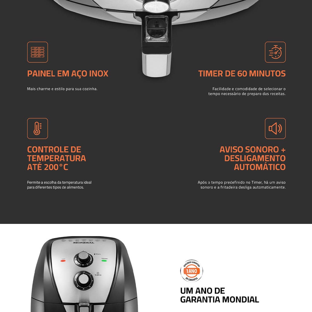 Fritadeira Elétrica Sem Óleo Air Fryer Mondial Mega Family AFN-80-BI 8L – Preta/Inox - 110V