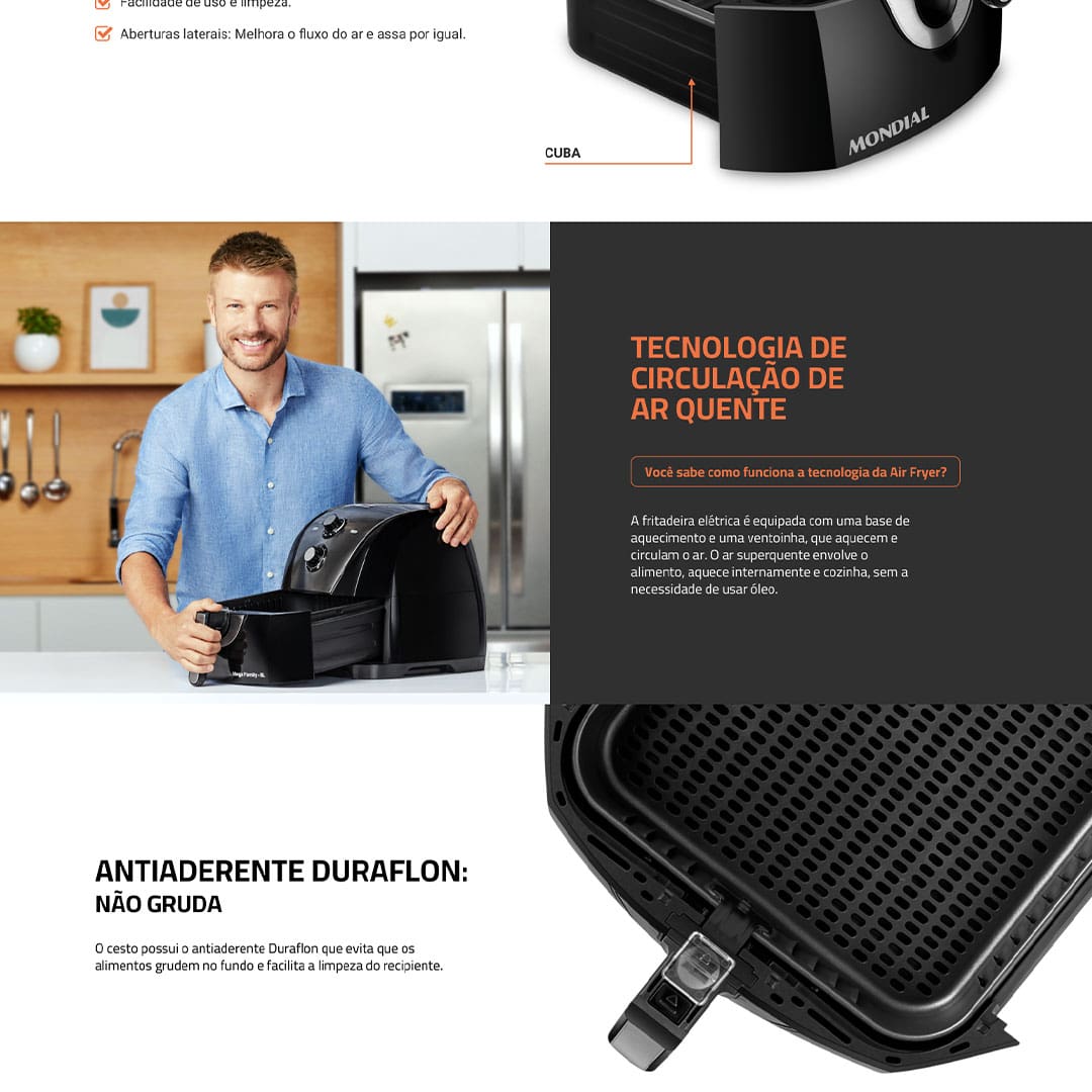 Fritadeira Elétrica Sem Óleo Air Fryer Mondial Mega Family AFN-80-BI 8L – Preta/Inox - 110V