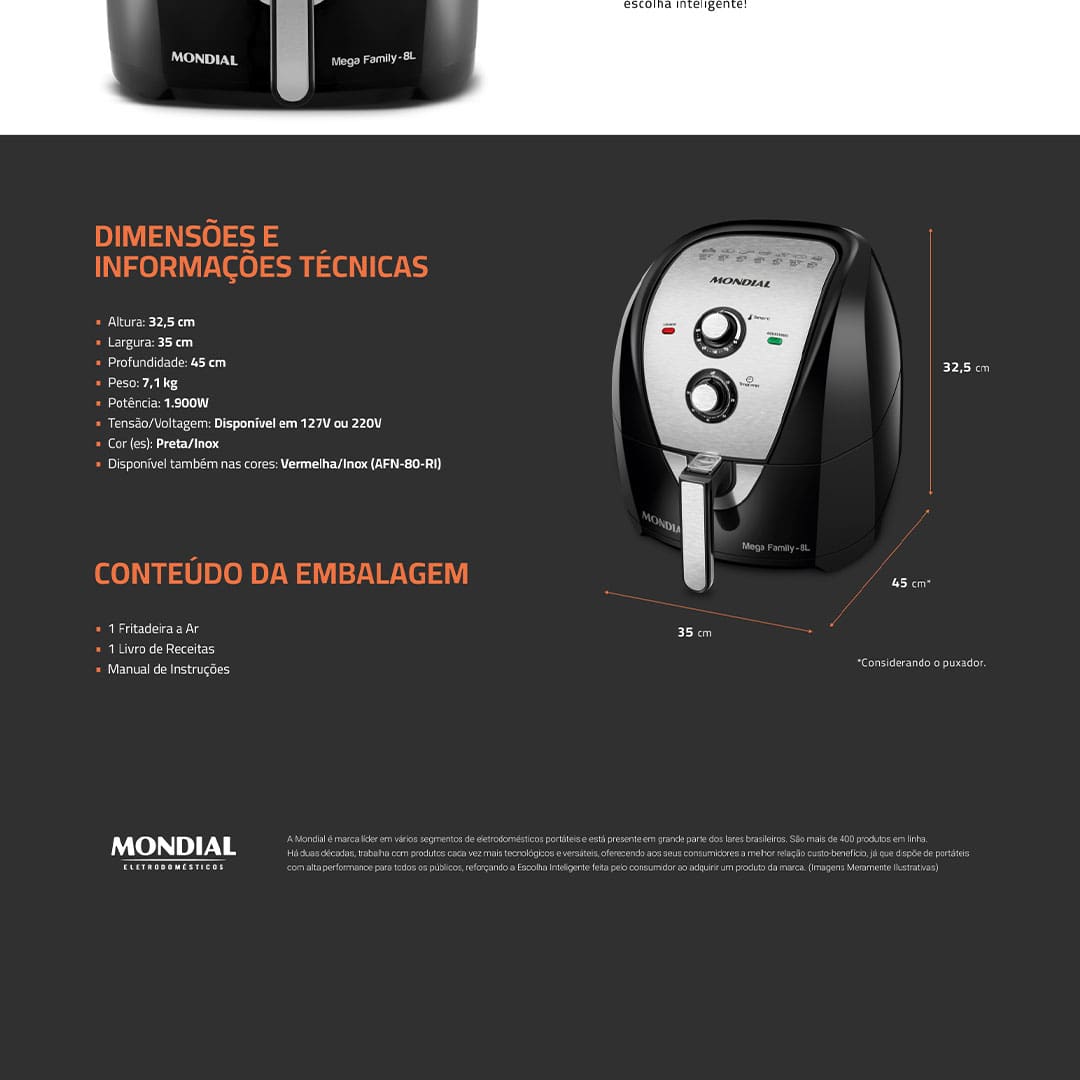 Fritadeira Elétrica Sem Óleo Air Fryer Mondial Mega Family AFN-80-BI 8L – Preta/Inox - 110V