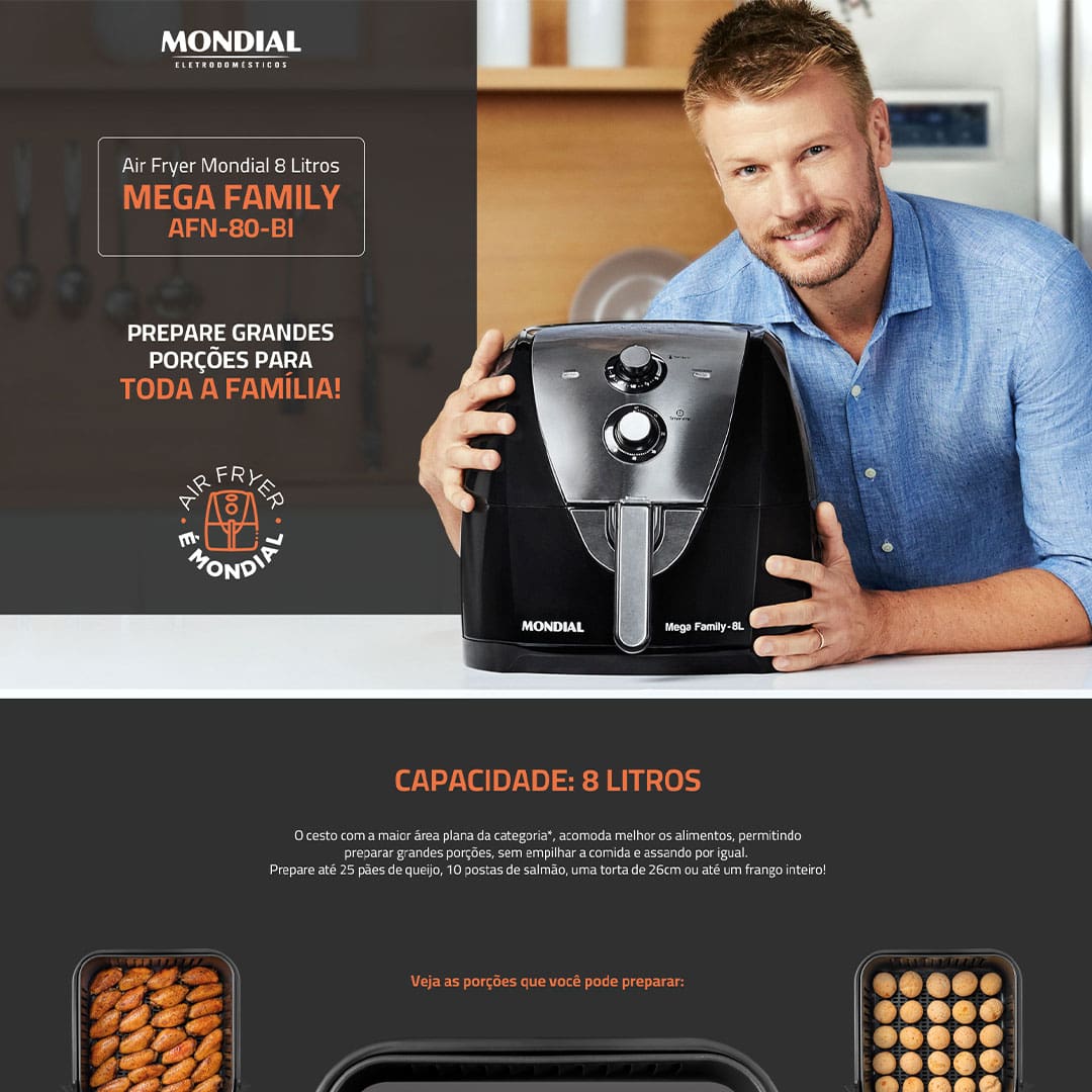 Fritadeira Elétrica Sem Óleo Air Fryer Mondial Mega Family AFN-80-BI 8L – Preta/Inox - 110V