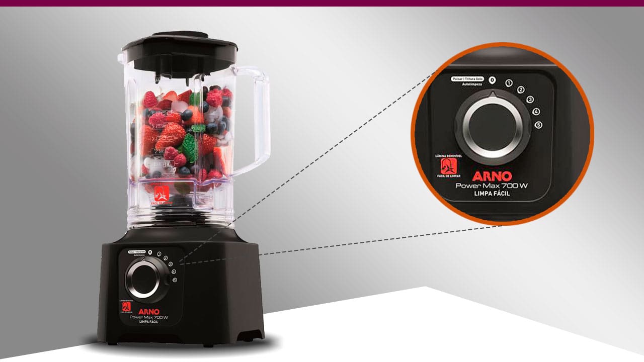 Liquidificador preto Arno com frutas dentro destaque zoom botão limpa fácil mesa bancada branca fundo cinza faixa roxa