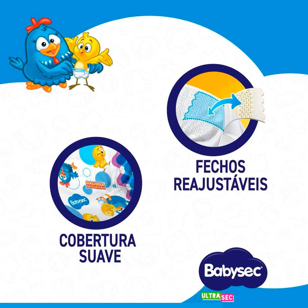 Fralda Babysec UltraSec Galinha Pintadinha com fechos reajustáveis