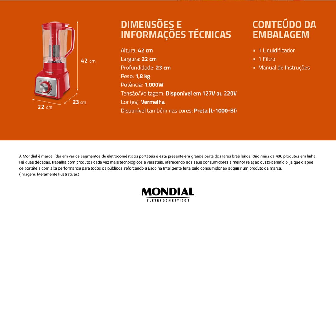 Garanta mais facilidade e praticidade na hora de cozinhar! Use o Liquidificador Mondial Turbo L-1000 RI e prepare receitas de bolo, torta, sopas, cremes, pudins, mousse e muito mais com rapidez e eficiência. Funcionando com 1000W de potência e 12 velocidades, ele consegue triturar ou misturar os alimentos adequadamente, garantindo que seus pratos fiquem na textura desejada.