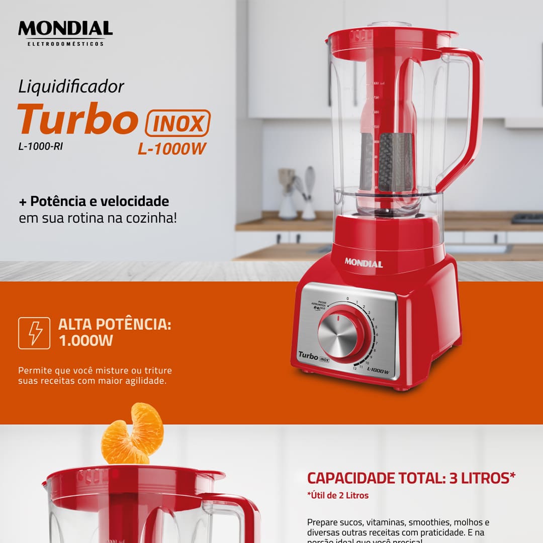 Garanta mais facilidade e praticidade na hora de cozinhar! Use o Liquidificador Mondial Turbo L-1000 RI e prepare receitas de bolo, torta, sopas, cremes, pudins, mousse e muito mais com rapidez e eficiência. Funcionando com 1000W de potência e 12 velocidades, ele consegue triturar ou misturar os alimentos adequadamente, garantindo que seus pratos fiquem na textura desejada.