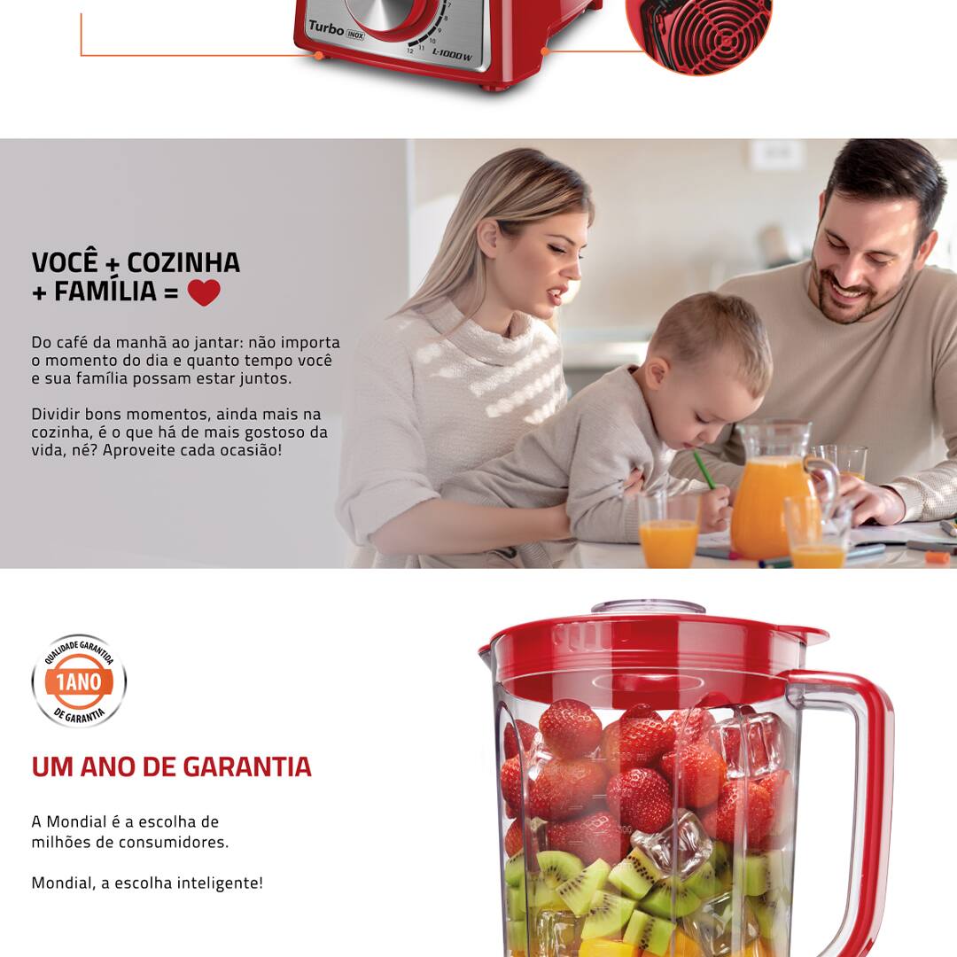 Garanta mais facilidade e praticidade na hora de cozinhar! Use o Liquidificador Mondial Turbo L-1000 RI e prepare receitas de bolo, torta, sopas, cremes, pudins, mousse e muito mais com rapidez e eficiência. Funcionando com 1000W de potência e 12 velocidades, ele consegue triturar ou misturar os alimentos adequadamente, garantindo que seus pratos fiquem na textura desejada.