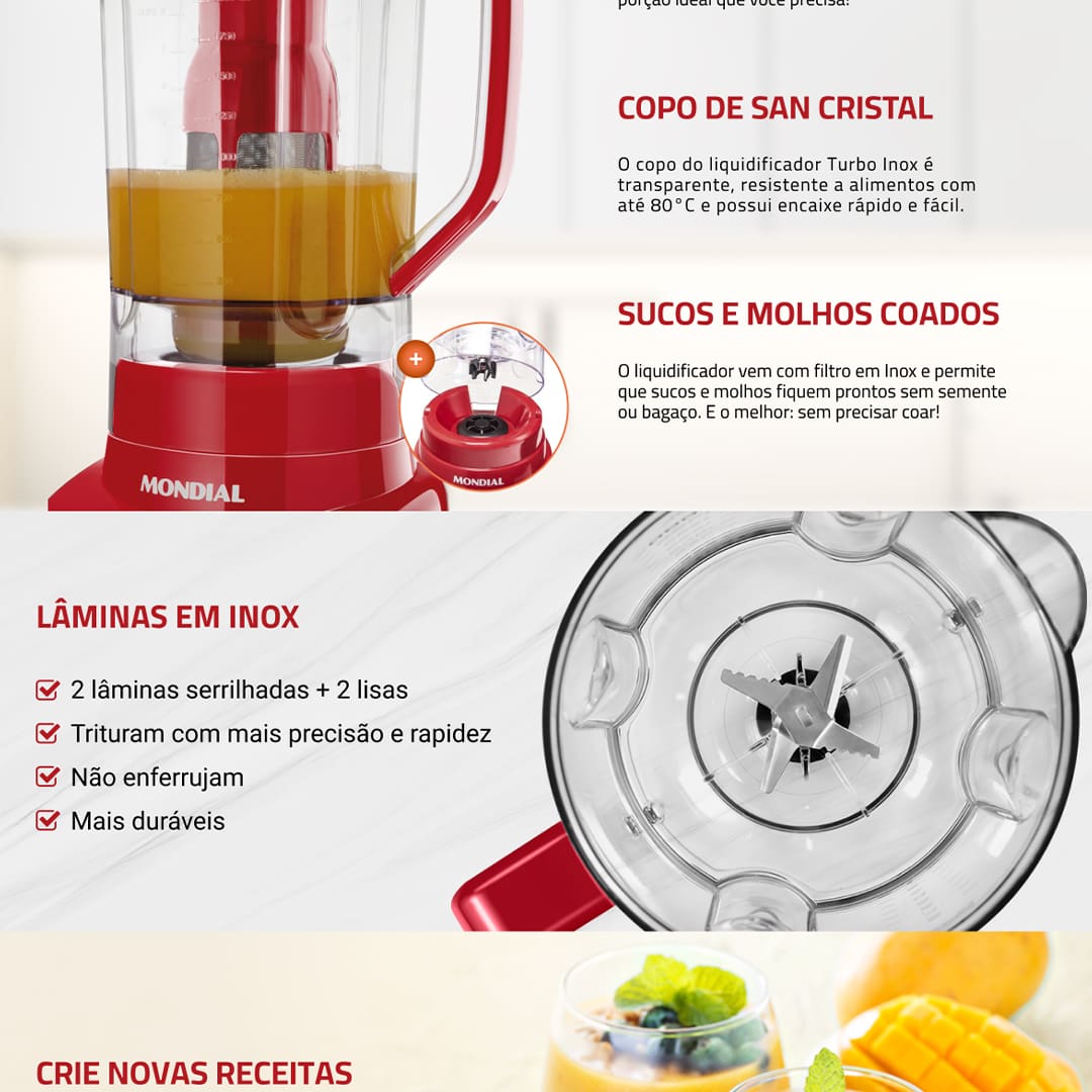 Garanta mais facilidade e praticidade na hora de cozinhar! Use o Liquidificador Mondial Turbo L-1000 RI e prepare receitas de bolo, torta, sopas, cremes, pudins, mousse e muito mais com rapidez e eficiência. Funcionando com 1000W de potência e 12 velocidades, ele consegue triturar ou misturar os alimentos adequadamente, garantindo que seus pratos fiquem na textura desejada.