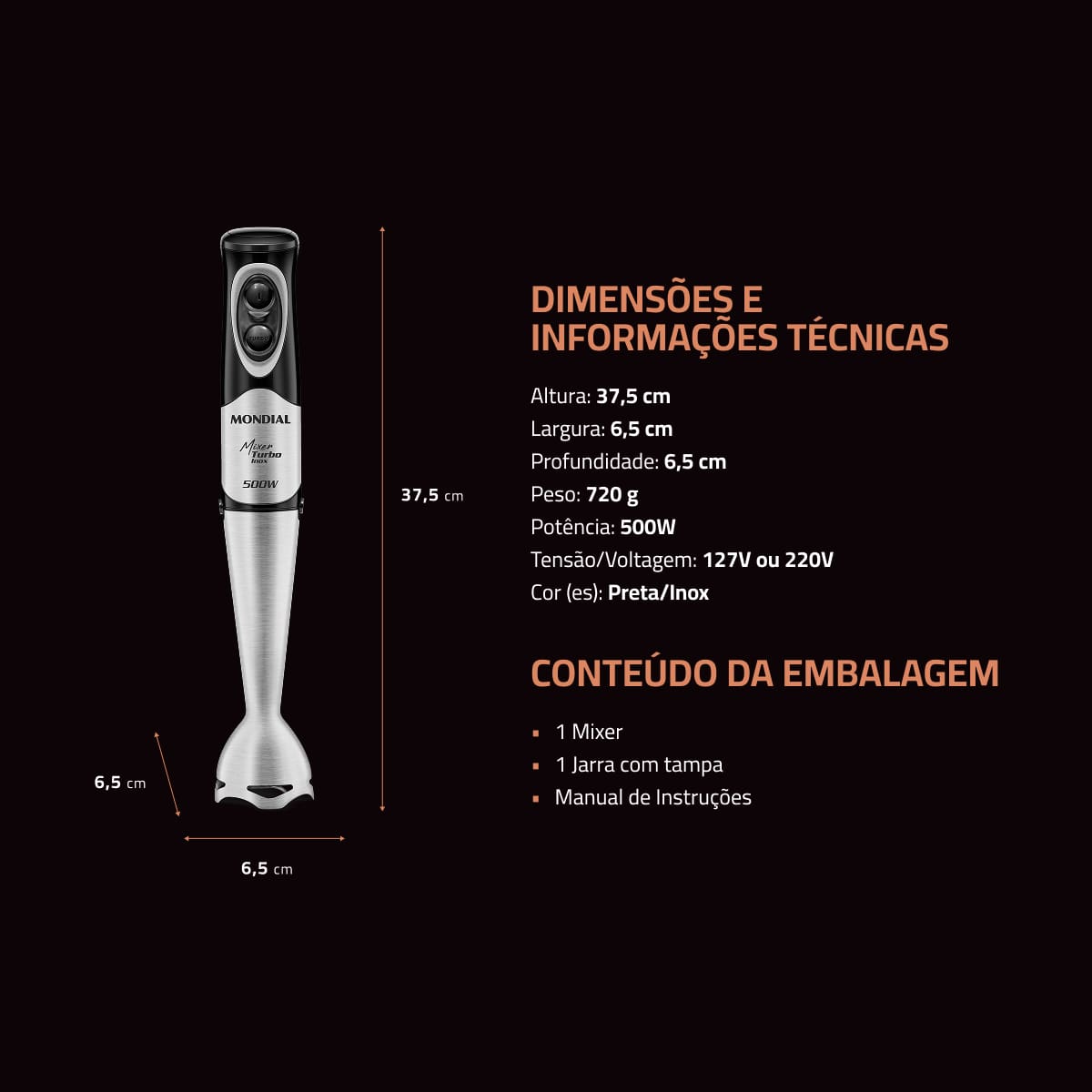 Mixer Mondial M-16-BI 500W Turbo Haste Inox Preto