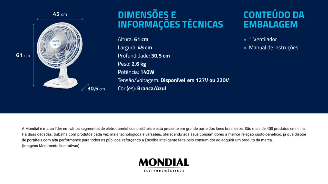 Quando o clima fica mais quente e abafado, buscamos equipamentos que façam o ar circular de uma forma intensa, para que o ambiente se torne bem refrescante. O ventilador Mondial Super Power VSP-40-W cumpre muito bem essa função, pois conta com 3 velocidades, para que o usuário possa optar, de acordo com a necessidade. São 6 pás, Sistema Oscilante e inclinação vertical regulável, características que demonstram a eficiência do aparelho!
