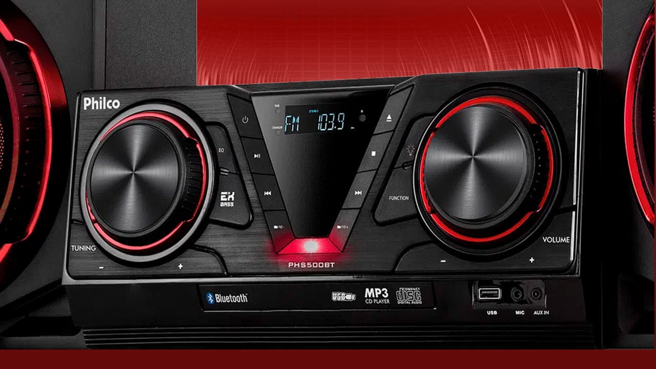imagem aproximada aparelho som mini system philco cd player mp3 bluetooth usb mic aux in tuning fm volume