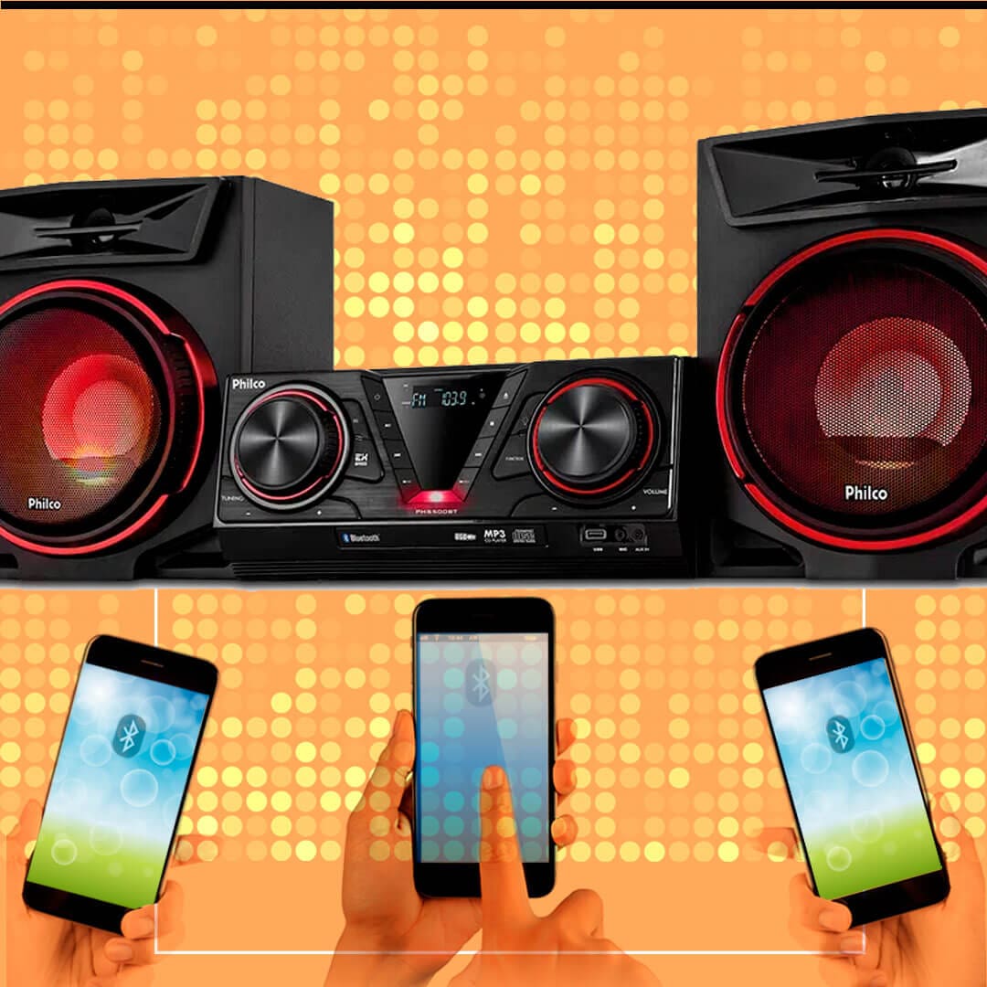 aparelho mini system philco caixas som celulares smartphones pretos telas bluetooth mãos dedo indicador tela