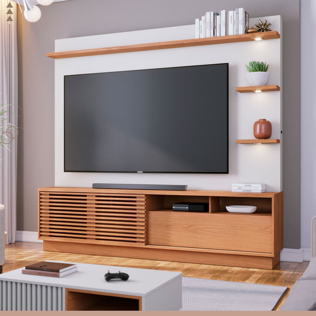 Estante Home Colibri Campeche Porta Deslizante Spots de Led 200 cm de Largura Ideal para TV de Até 70”