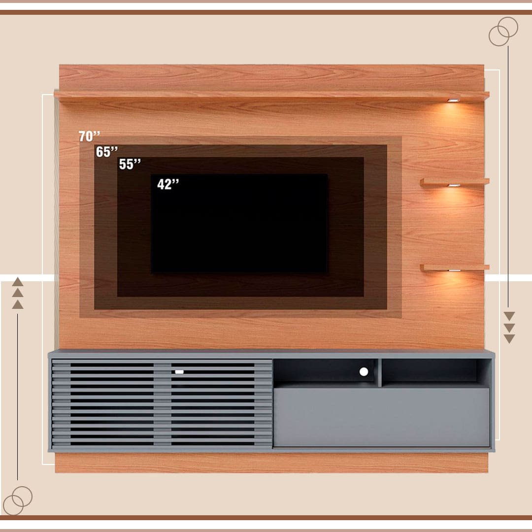 imagem mostra o rack na cor freijó/cinza fosco destacando os tamanhos de TVs que o rack pode comportar