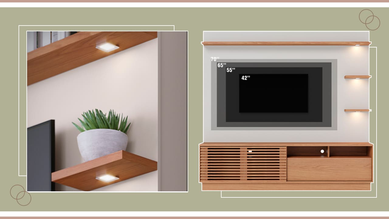 imagem destaca a prateleira com LED e os tamanhos de TVs que o rack pode comportar