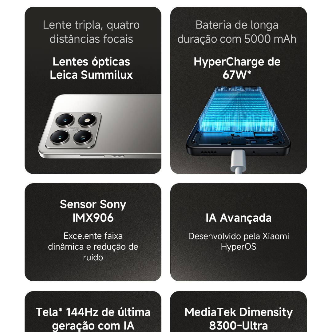 Desempenho poderoso, eficiente e resistente O Smartphone Xiaomi 14T Preto é equipado com o processador MediaTek Dimensity 8300 Ultra, oferecendo desempenho de alta velocidade e executando tarefas com eficiência e rapidez. Com a tecnologia HyperCharge, o carregador de 67W garante que a bateria seja recarregada completamente em até 45 minutos, permitindo que você fique menos tempo preso a tomadas. Além disso, com a certificação IP68, o aparelho é resistente à água e poeira, ideal para aventuras ao ar livre ou situações imprevisíveis. E para completar, o acesso exclusivo a uma vasta biblioteca de livros digitais oferecida pela Xiaomi torna esse dispositivo um companheiro versátil e confiável para seu dia a dia.