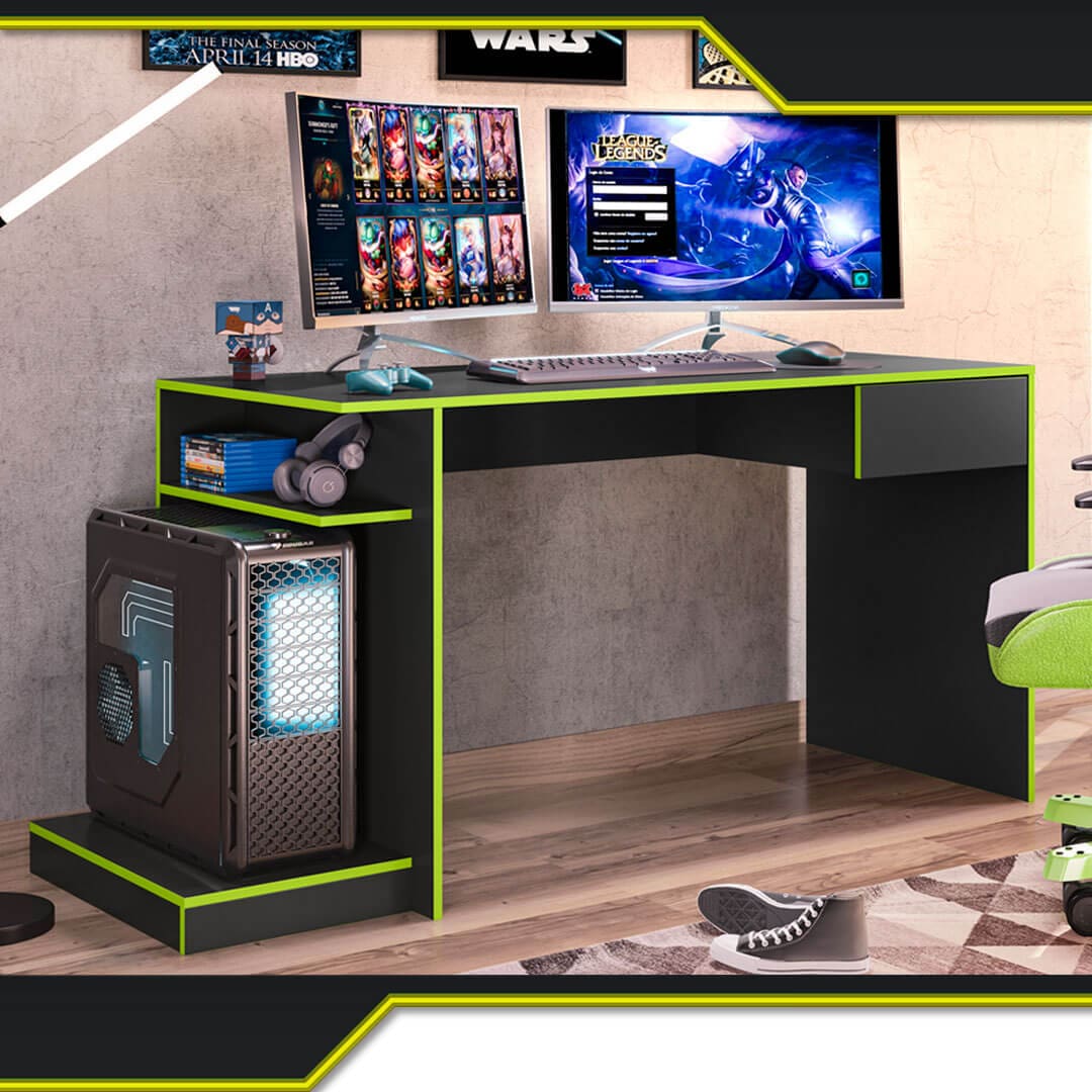 Mesa Gamer Mobler Rubi com Gaveta e Prateleira