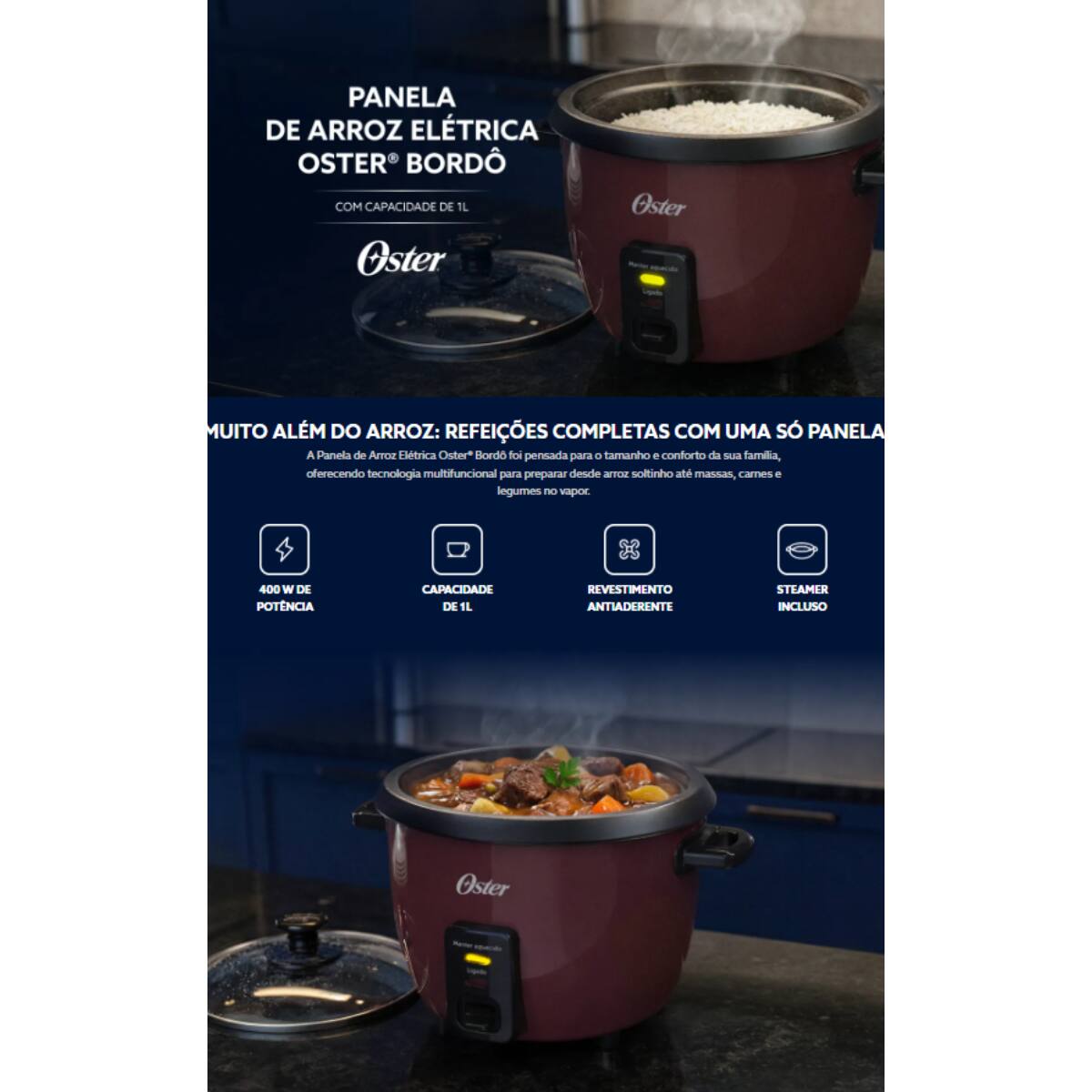 Panela Elétrica de Arroz Oster 1L Bordô Antiaderen...