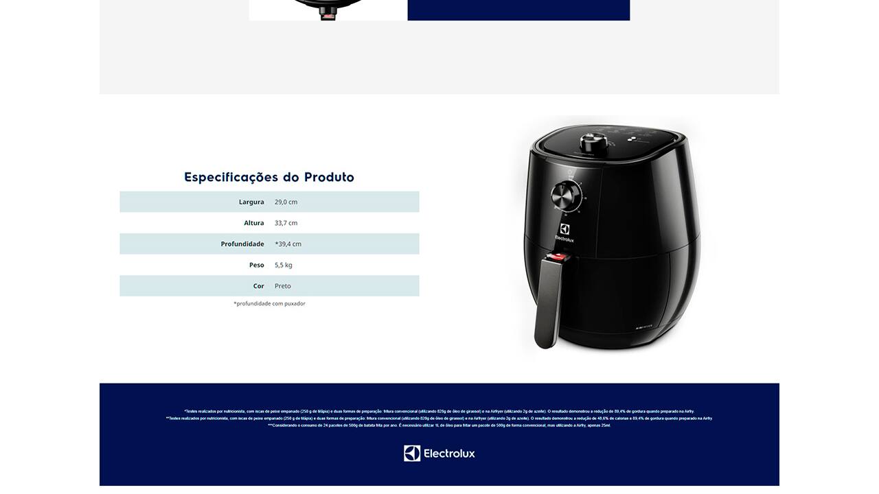 Fritadeira Elétrica Air Fryer Electrolux EAF10 Preta 3,2L