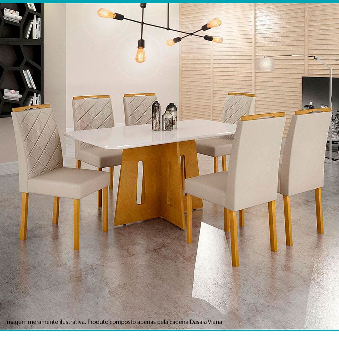 imagem conjunto cadeiras reunidas cor bege marrom sala jantar mesa centro lâmpadas decorativas amarelas chão piso frio cinza