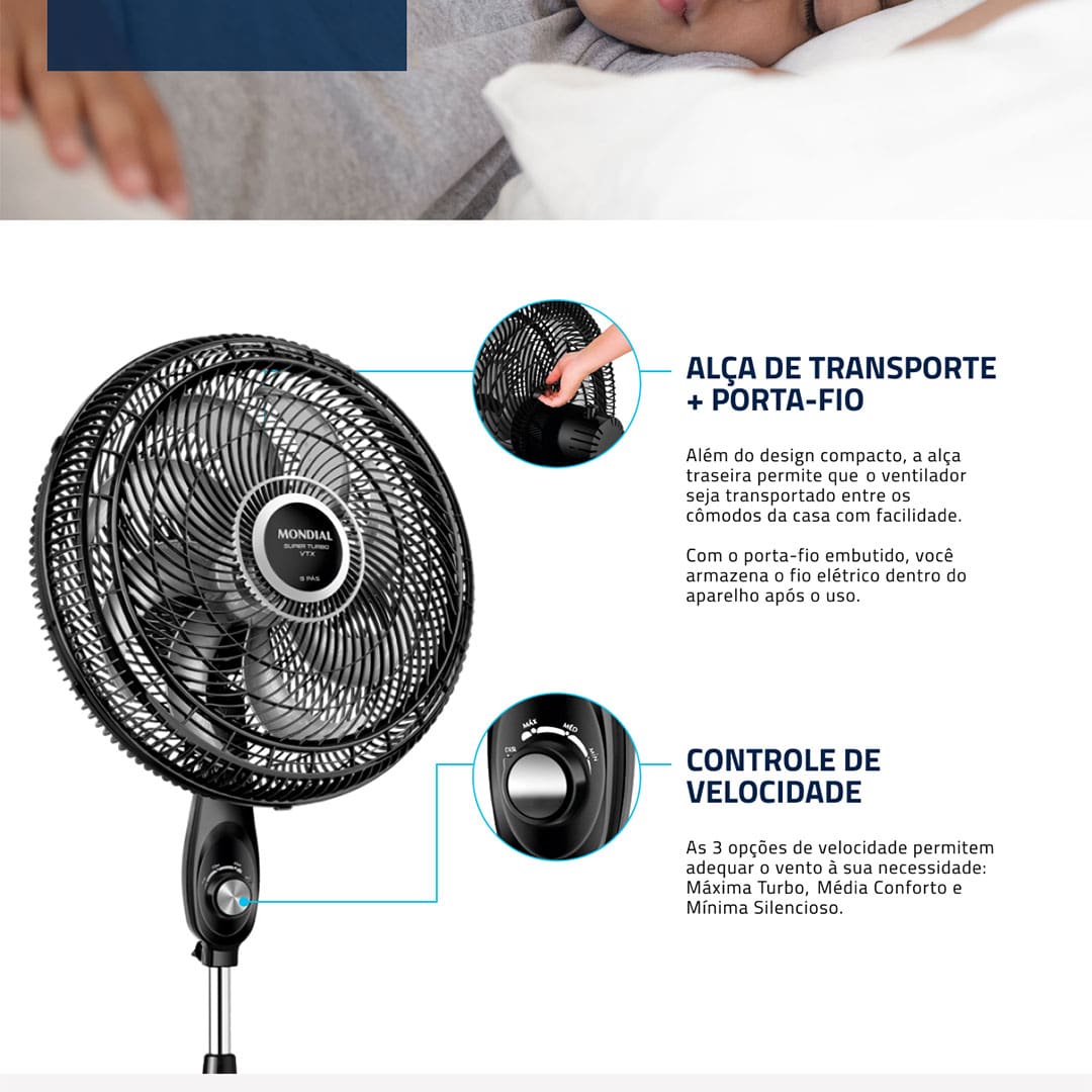 Para manter o ambiente numa temperatura mais agradável em dias de calor, conte com o Ventilador de Coluna TurboVTX-40C-8P Mondial. Ele possui hélice de 40cm de diâmetro com 8 pás, proporcionando maior vazão de ar e permitindo uma excelente ventilação por todo o local.