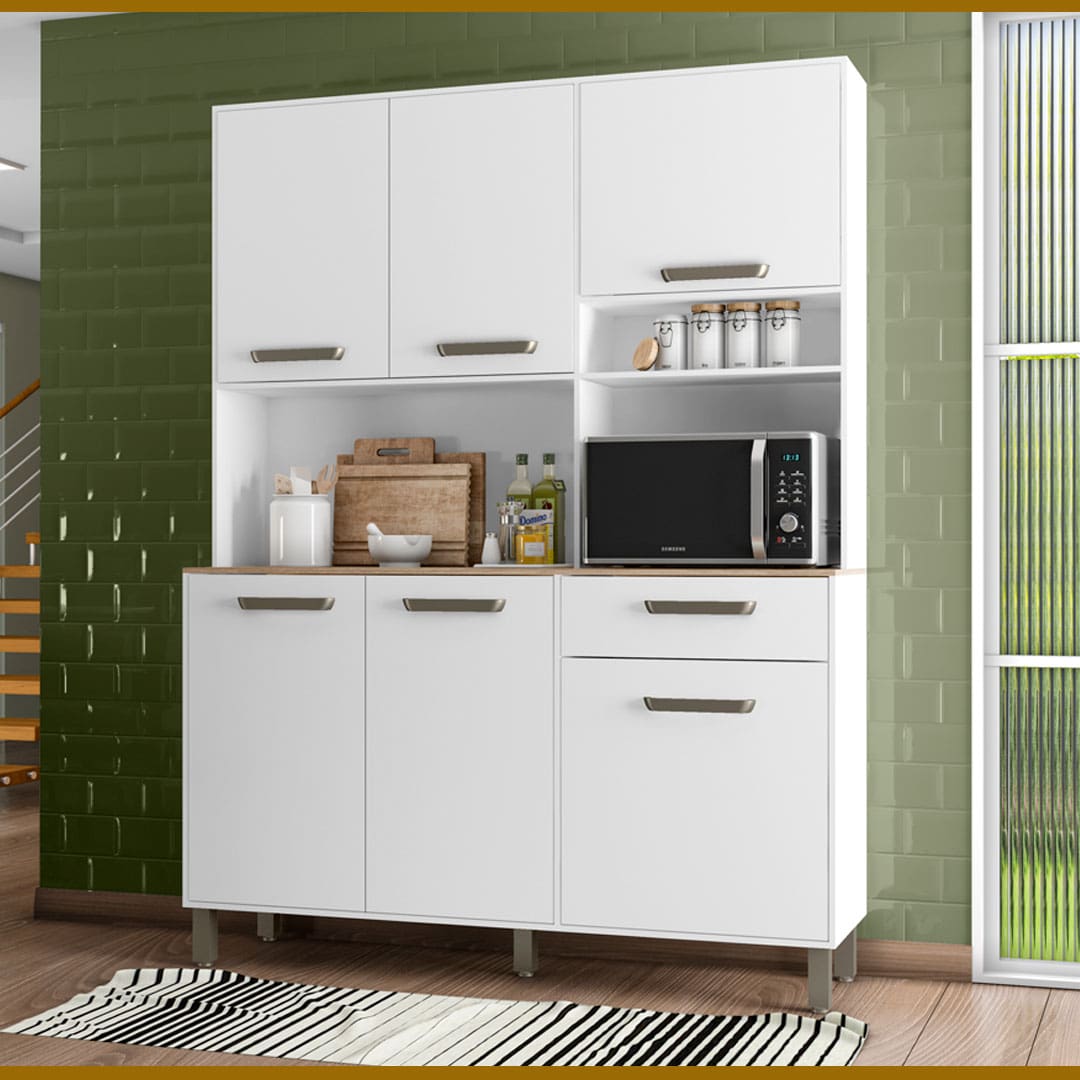Cozinha Compacta Poliman Luara 6 Portas 1 Gaveta 3 Prateleiras 140cm de largura