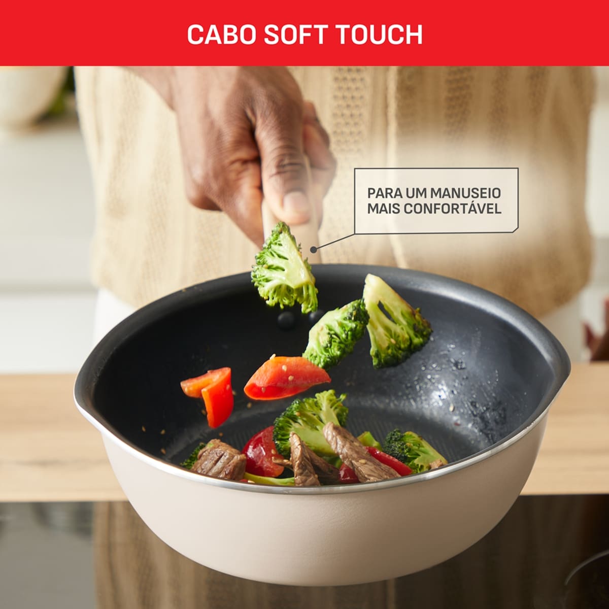 Panela Wok Tefal One Pick Pot 22cm Alumínio Antiaderente Indução Tampa Vidro Vanila
