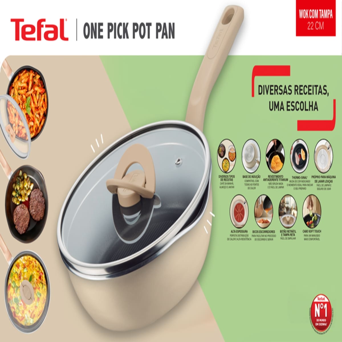 Panela Wok Tefal One Pick Pot 22cm Alumínio Antiaderente Indução Tampa Vidro Vanila