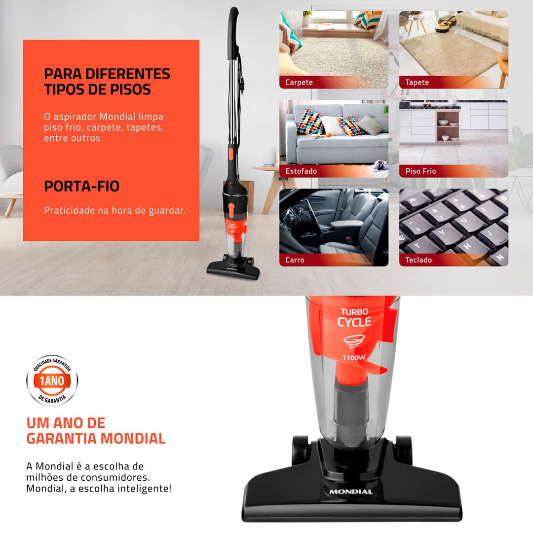 Aspirador de Pó Vertical Mondial AP-35 Turbo Cycle Tenha maior praticidade para limpar sua casa com o Aspirador de Pó Vertical Mondial AP-35 Turbo Cycle! Ele conta com bocal multiuso, para cantos, frestas e para estofados, facilitando a limpeza nos locais de difícil acesso. O equipamento também possui 1100W de potência e o sistema de dupla filtragem Turbo Cycle, que tem grande capacidade de aspiração.   
