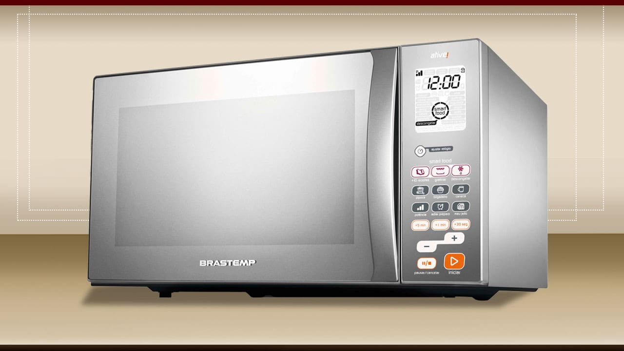 imagem frontal frente Forno Micro-ondas Brastemp cinza prata