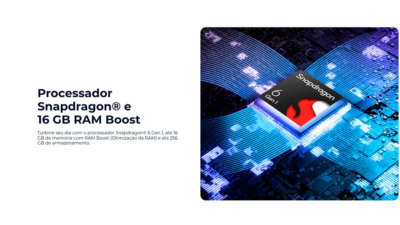 O Smartphone Motorola Edge 50 Fusion oferece uma capacidade de 8GB de RAM e 256GB de armazenamento, combinado com a inovadora tecnologia RAM Boost. Ela permite expandir a memória RAM utilizando o espaço disponível no armazenamento interno, resultando em um desempenho aprimorado do smartphone. Além disso, seu processador Snapdragon garante ainda mais velocidade e eficiência em todas as suas atividades.