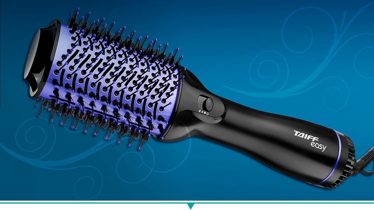 imagem frontal frente Escova Secadora Taiff Easy preta lilás fundo arte azul verde