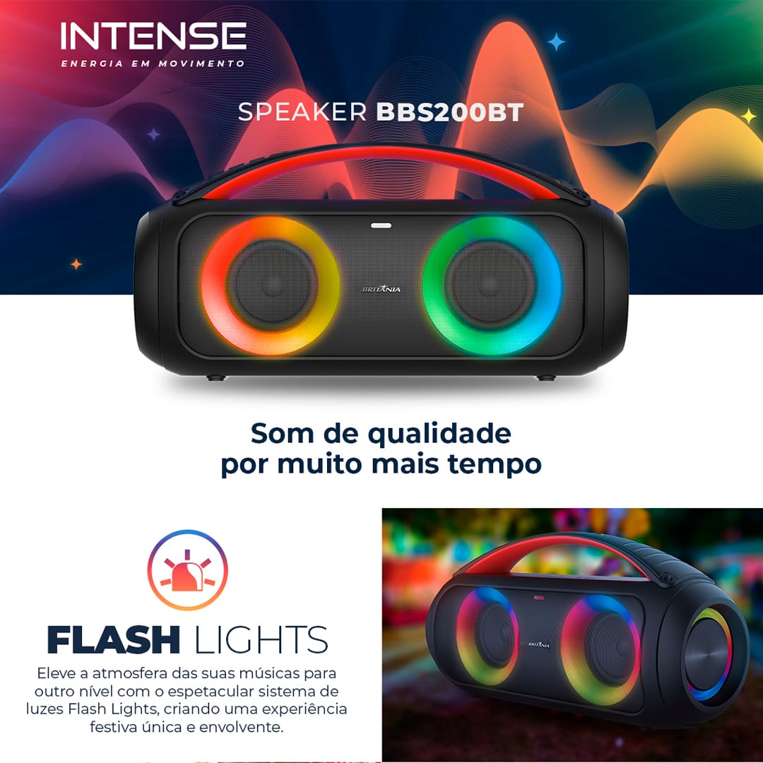Flash Light e entrada para microfone Sinta cada batida com a Caixa de Som Speaker Extreme Britânia! Deixe suas comemorações mais animadas com a função Flash light que se ajusta conforme a batida de cada música. Sua entrada para microfone transforma facilmente a sua caixa em um amplificador de voz, ideal para karaokês e apresentações.