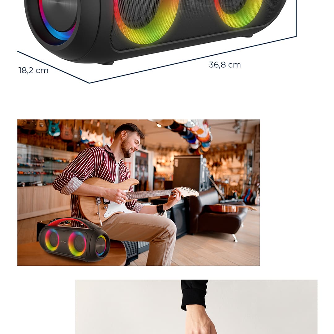 Flash Light e entrada para microfone Sinta cada batida com a Caixa de Som Speaker Extreme Britânia! Deixe suas comemorações mais animadas com a função Flash light que se ajusta conforme a batida de cada música. Sua entrada para microfone transforma facilmente a sua caixa em um amplificador de voz, ideal para karaokês e apresentações.
