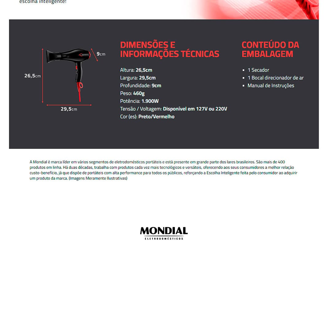 Secador de Cabelos Mondial Turbo Color Red SC-41