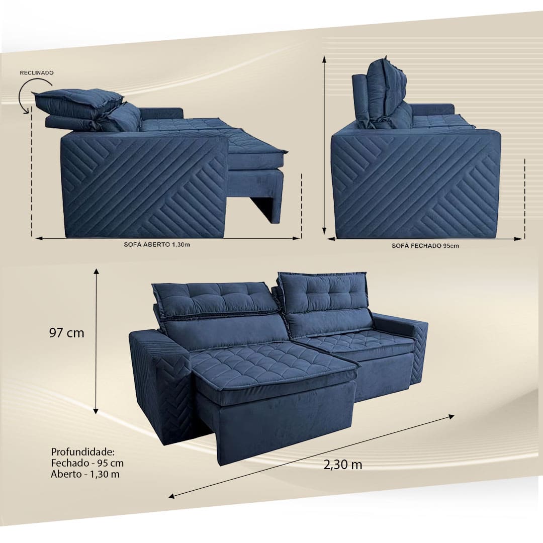 Sofá Cama inBox Belém azul azuis três imagens ângulos diferentes frontal frente lateral lado profundidade aberto fechado reclinado flechas indicação medidas tamanhos